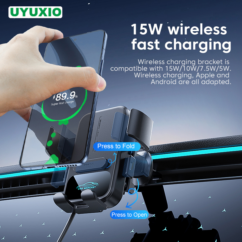 Wireless Car Charger Mount Fast Charging - UYUXIO エアベント車載ホルダー 15W急速充電 ワイヤレスカーチャージャー 手動クランプ式 サムスン、Androidフォン、iPhone対応