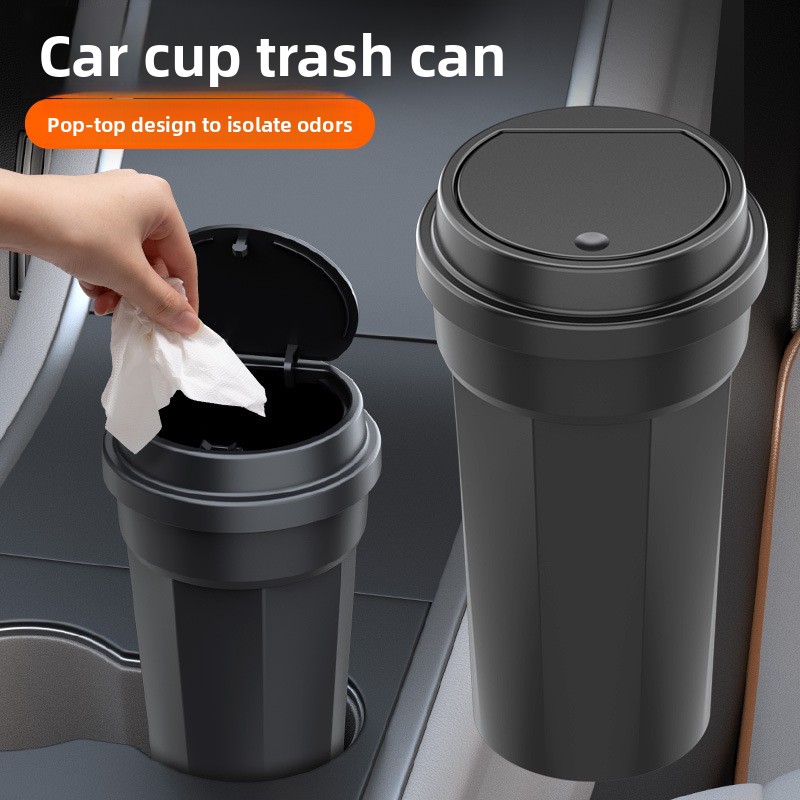 Waterproof Car Trash Can With Lid - 車のゴミ箱防水カップホルダー形状ミニ多機能収納ボックスプッシュボタン蓋コンソールオーガナイザー車両インテリア