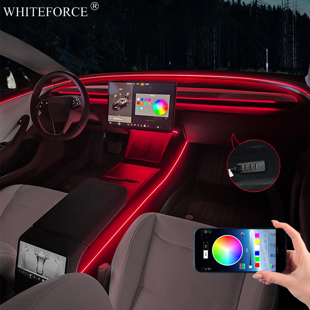 Led Ambient Interior Car Lights App Control - テスラ モデルY ジュニパーLEDインテリアRGBストリーマー雰囲気ランプ USB APPリモコン モデル3
