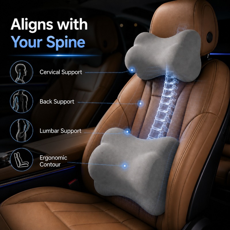 Memory Foam Car Neck Pillow Lumbar Support - ユニバーサルカーヘッドレストネックピロー、ランバーサポートクッション、メモリーフォーム、人間工学に基づいた背もたれサポート、自動車、SUV、トラック、長距離ドライブ旅行用