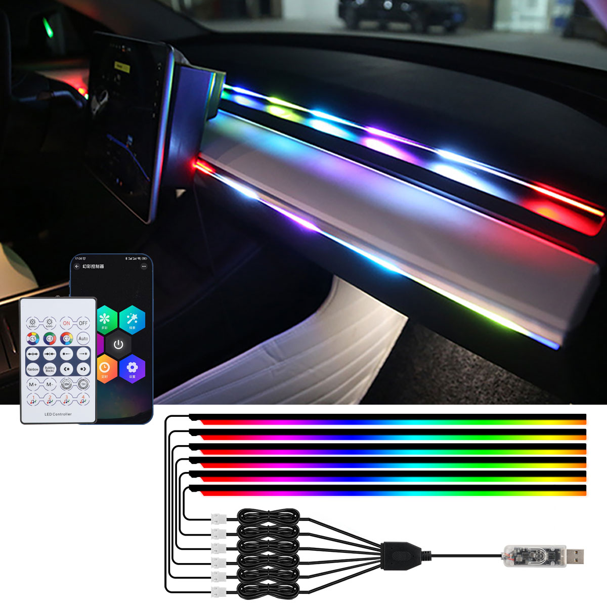 Led Ambient Interior Car Lights App Control - RGBカーLEDアンビエントライト,装飾ライト,アプリケーションによるリモコン,6 in 1,10 in 1