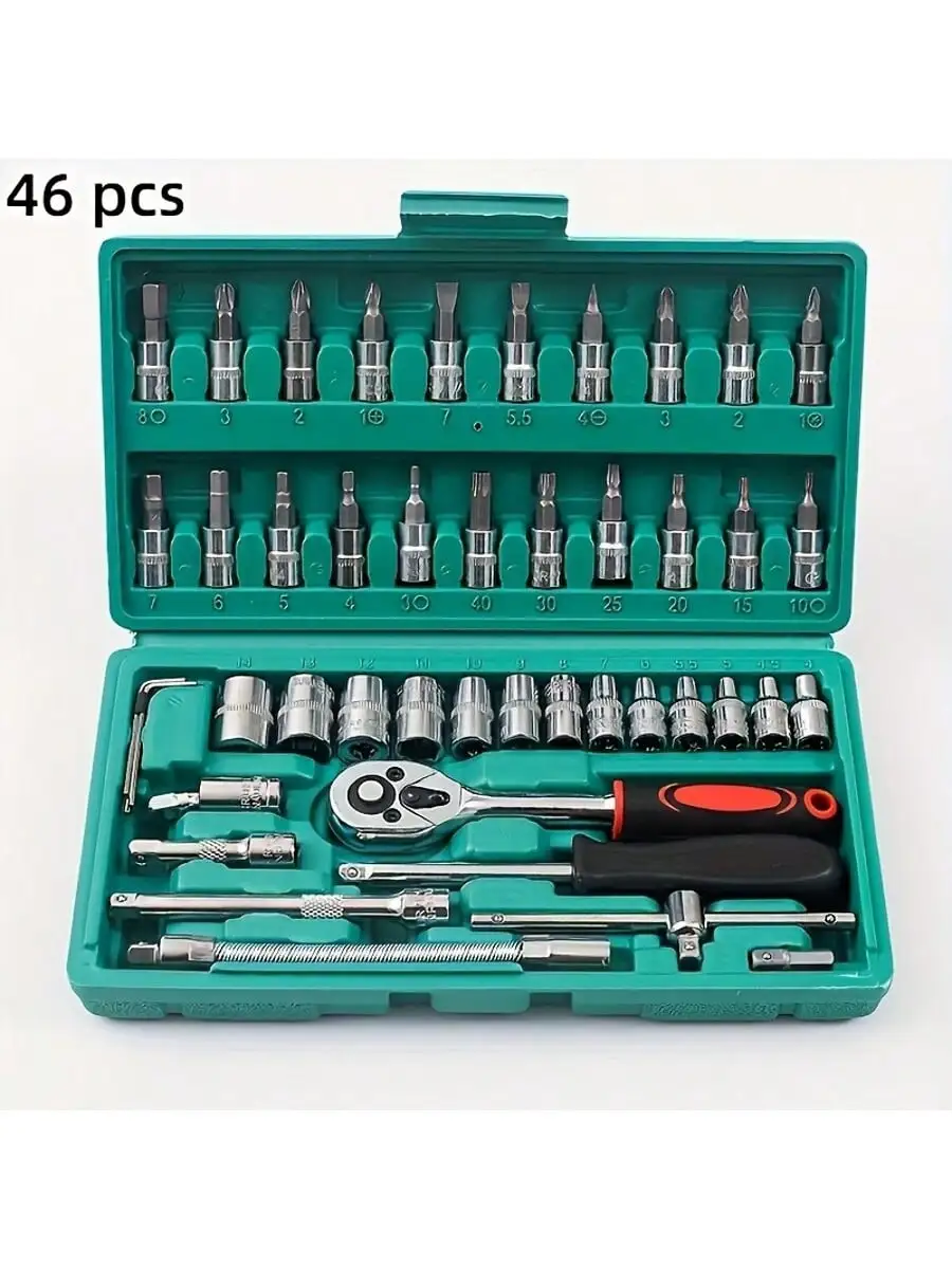Auto Repair Tools - 46ピース 1/4インチ ドライブソケットラチェットレンチセット、ソケットキット（メートル法）と延長ロッド付き、車修理と家庭用、収納ボックス付きソケットレンチセット、ラチェットレンチセットと延長ロッド、ユニバーサルスライダーロッドエクステンションソケット、男性用ツール
