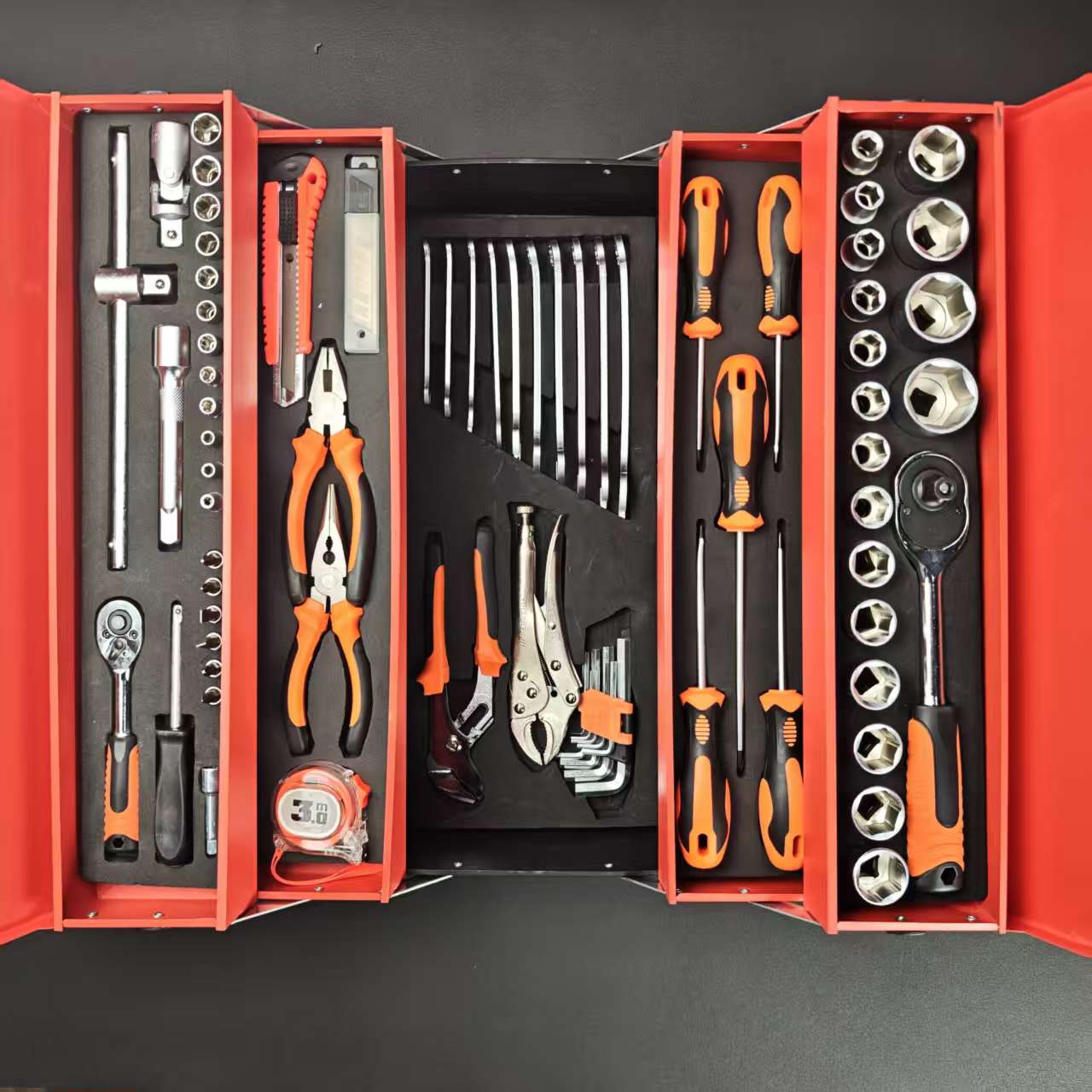 Auto Repair Tools - 85ピースハンドカーボンスチールOEM自動車・機械修理ツールセット、3層折りたたみ式ラチェットレンチコンビネーション、ハードケース付き