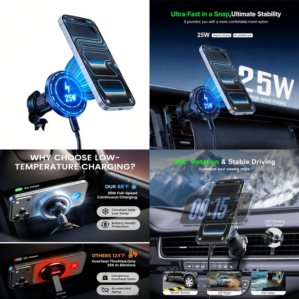 Magnetic Phone Holder For Car Vent - 強力25W磁気ワイヤレスカーチャージャー iPhone 17/16/15 Pro Max対応 急速充電
