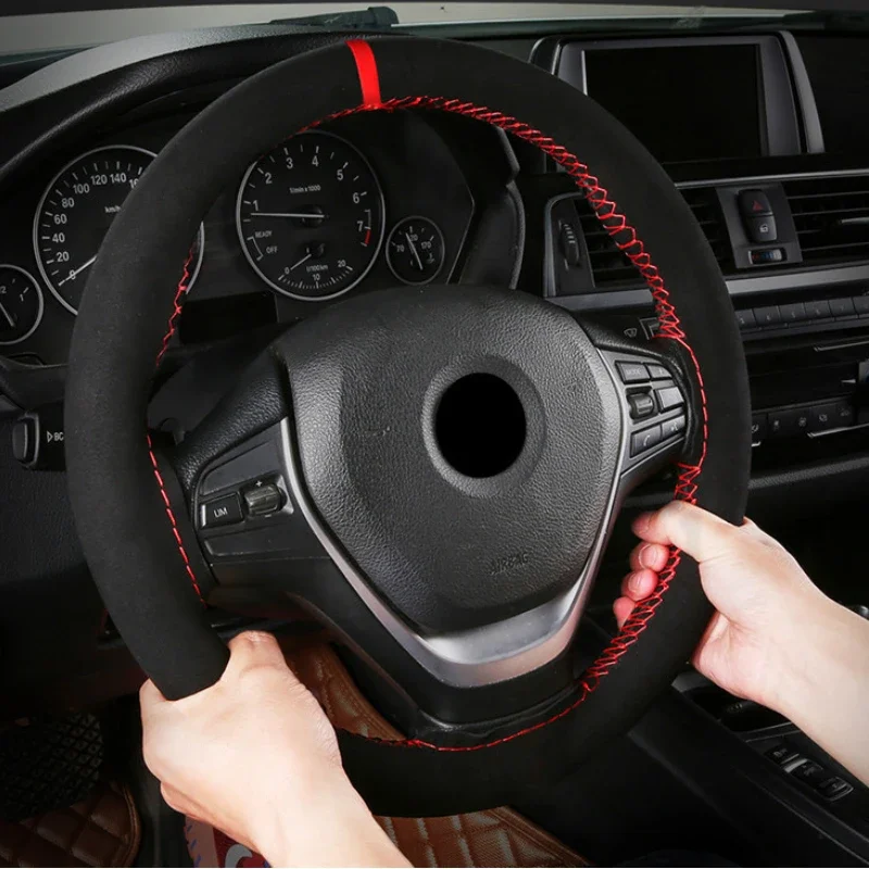 Car Steering Wheel Cover Anti Slip Breathable - ユニバーサル 38 センチメートル車のステアリングホイールカバーソフトで快適な耐摩耗性手縫い黒スエードレザー編組カーアクセサリー
